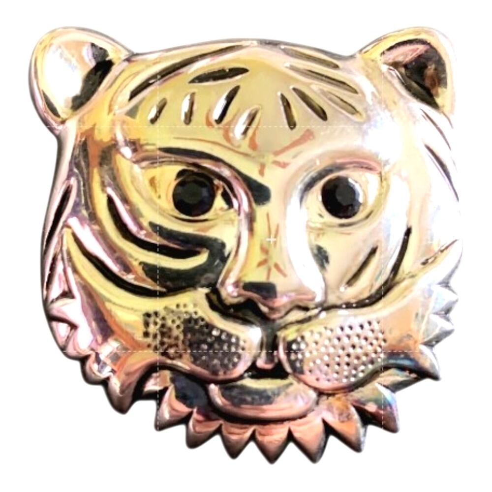 Vintage BEST Silver Tone Tiger Face Brooch Pendant Convertible Pin 2”